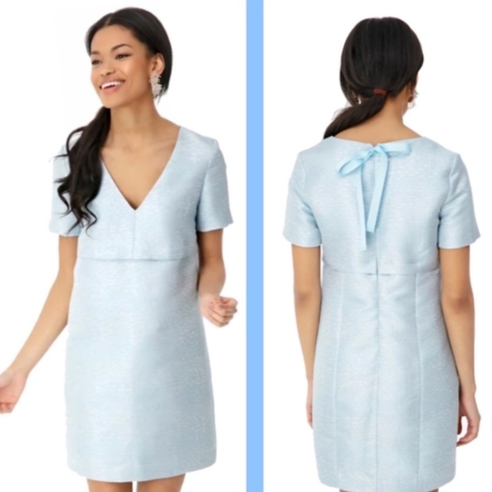 Tuckernuck Powder Blue V-Neck Mini Dress with Back Bow